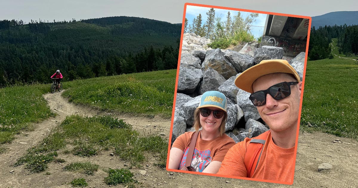 Photo of Matt with his wife inset over a photo of his wife mountain biking on a trail in Alberta