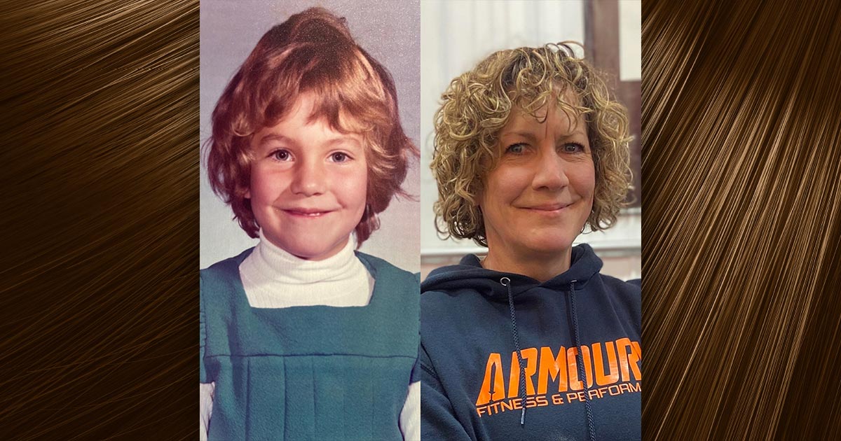 Joanne today next to her Grade 1 school photo