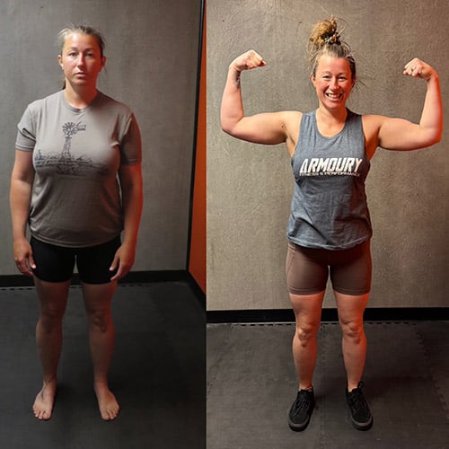 Transformation photo showing Allison before and after her fat loss with Armoury